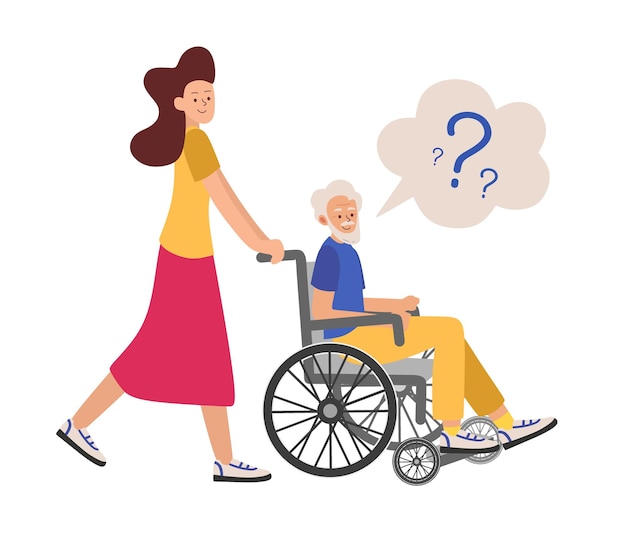 Demenza il nonno su una sedia a rotelle con un accompagnatore non riesce a capire dove sia vector