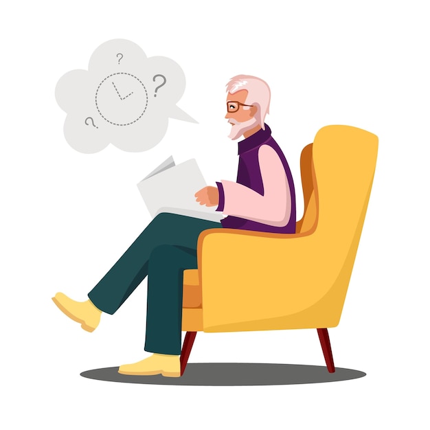 Dementia Grandpa in a chair cant remember what time it is Vector illustration in flat