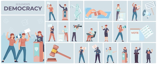 Vector democracy flat composition of twenty two elements with people fighting for fair trial free voting available information vector illustration