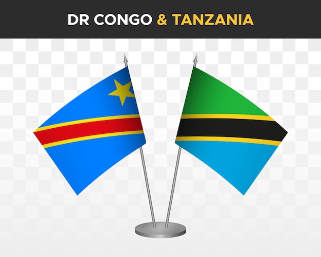 Repubblica democratica del congo dr vs tanzania desk flag mockup isolato illustrazione vettoriale 3d