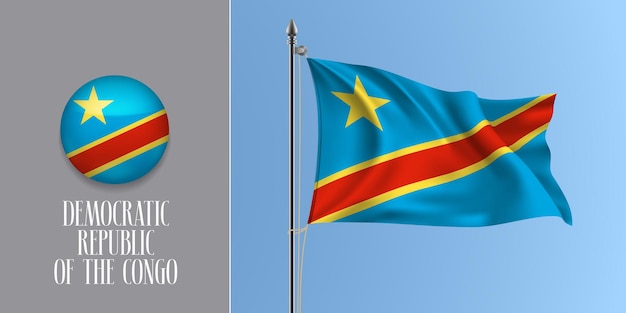 旗竿と丸いアイコンのベクトル図に旗を振るコンゴ民主共和国。旗と丸ボタンのデザインでリアルな3dモックアップ