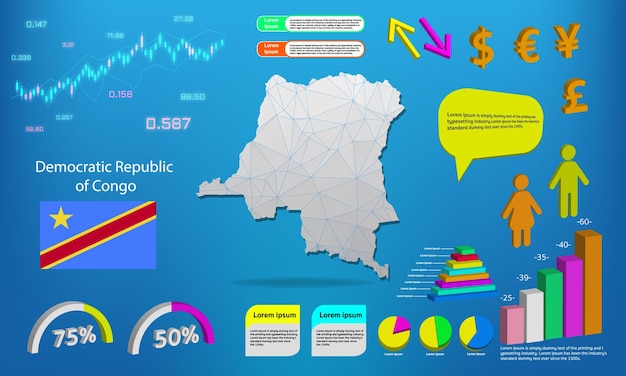 콩고 민주 공화국 지도 정보 그래픽 차트 기호 요소 및 아이콘 모음 고품질 비즈니스 Infographic 요소가 있는 자세한 콩고 민주 공화국 지도