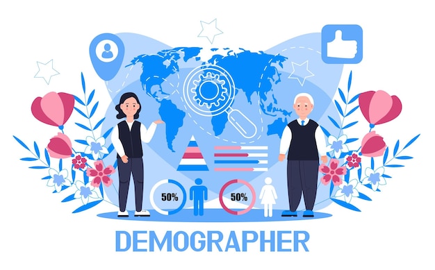 Vector demograaf concept vector voor bestemmingspagina groei bevolking in de wereld demografische experts analyseren gegevensaantallen van vrouwen mannen families diagrammen kaart label