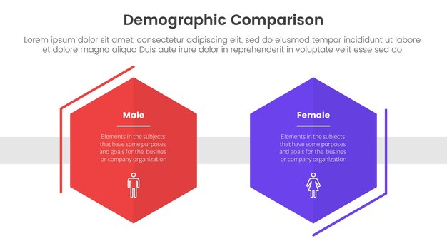 Vector demografische man versus vrouw vergelijking concept voor infografische sjabloon banner met zeshoekige vorm decoratie schets met twee punt lijst informatie