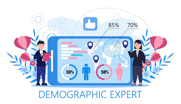 Demographer concept vector for landing page Growth population in the world Demographic experts analyzing data numbers of women men families Diagrams map label