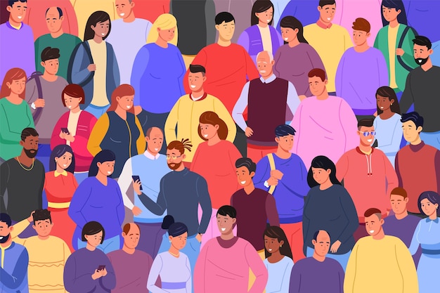 Demographic diversity Crowd diverse business people society different students stylish hipsters crowded social group old young man women together garish vector illustration