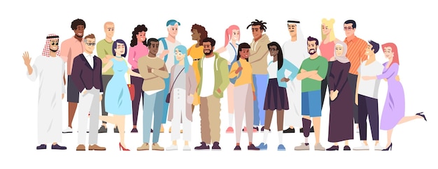 Vector demographic diversity flat vector illustration. different nations representatives standing together. arabian, european, hispanic word cooperation. multiethnic society, globalized community