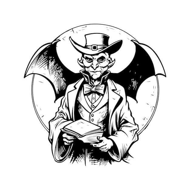 悪魔バット ビンテージ ロゴ ライン アート コンセプト黒と白の色手描きイラスト