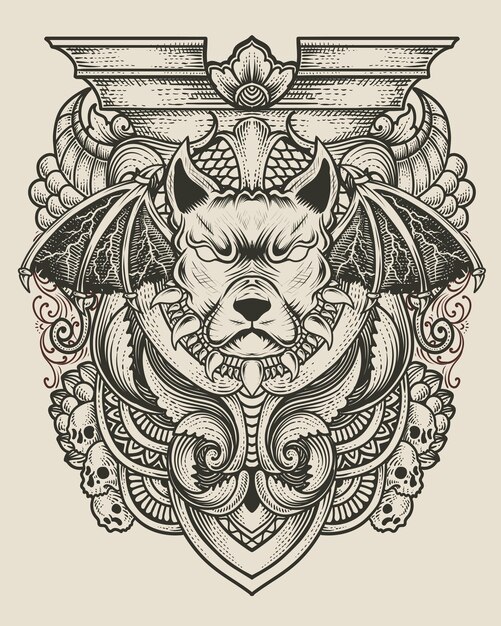 Demon dog with antique engraving ornament