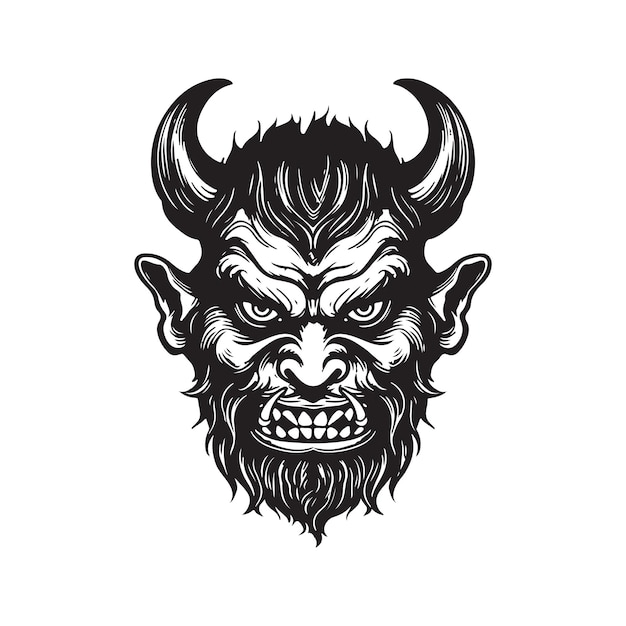 Demon gezicht vintage logo lijntekeningen concept zwart-witte kleur hand getekende illustratie