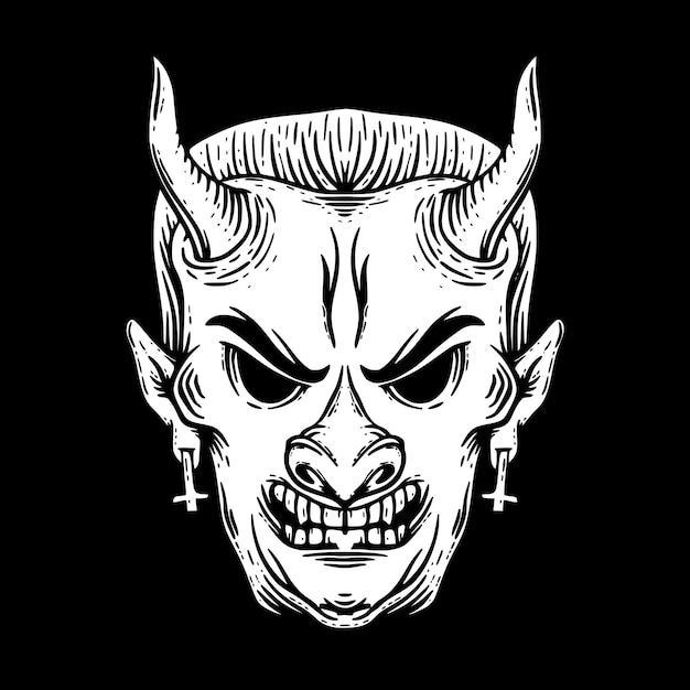 Demon head art Illustration hand drawn black and white vector for tattoo, sticker, poster etc