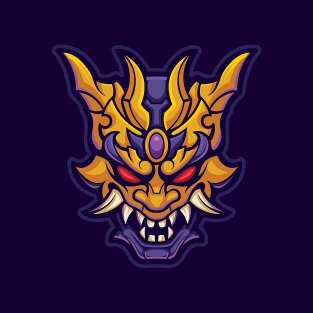 Маска демона золотого и фиолетового цвета. лицевая сторона из металлического материала. логотип киберспорта