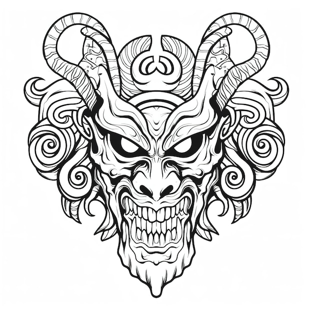 A demon mask with horns and a snake on it.