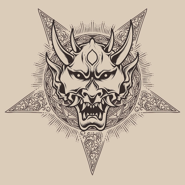 Vector demon mask with two sword and flower