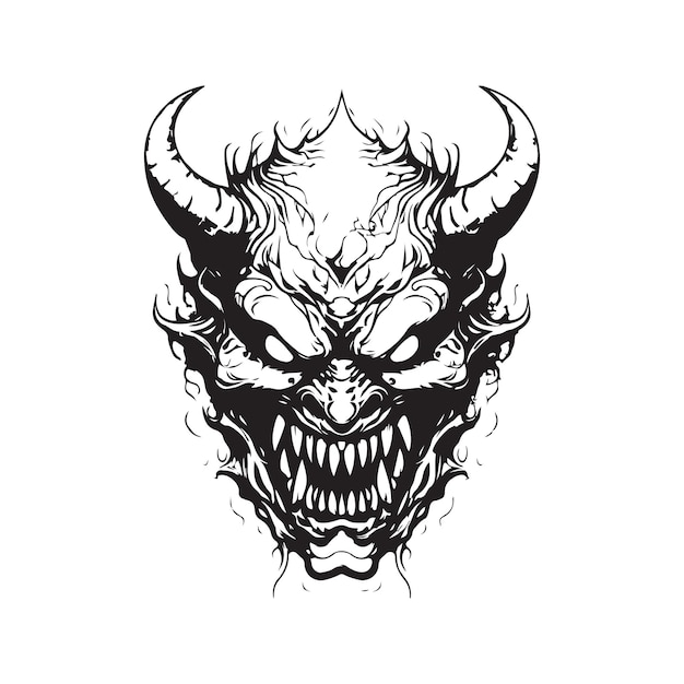 Vector demon monster vintage logo line art concept black and white color hand drawn illustration