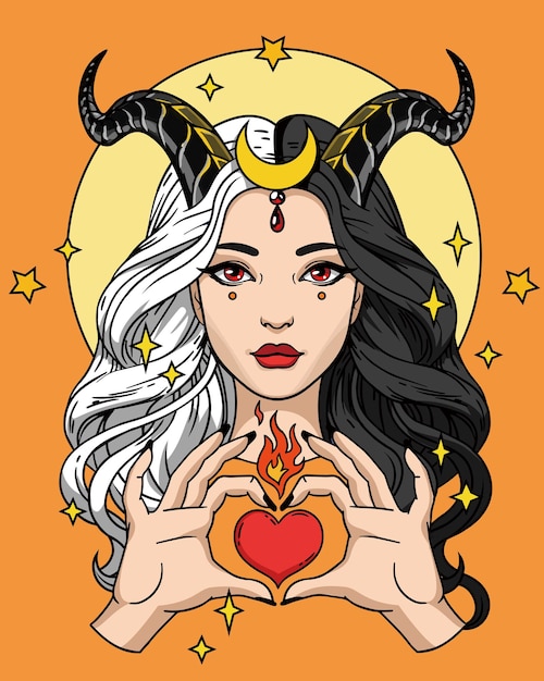 Demonisch meisje met wit en zwart haar dat hartteken maakt met haar handen op oranje achtergrond