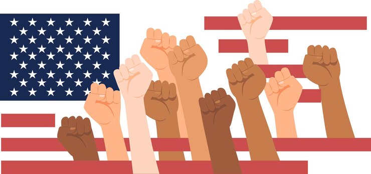 Vector demonstranten overhandigen de vlag van de v.s. multiraciale vuisten handen omhoog vectorillustratie concept van eenheid revolutie strijd samenwerking