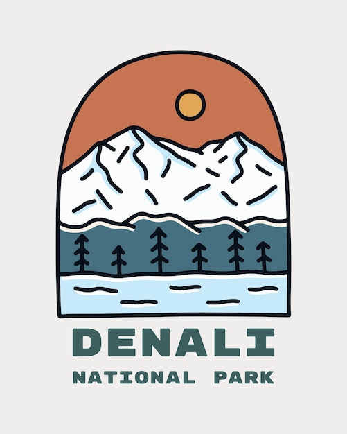 Denali National Park vector illustration in monoline art