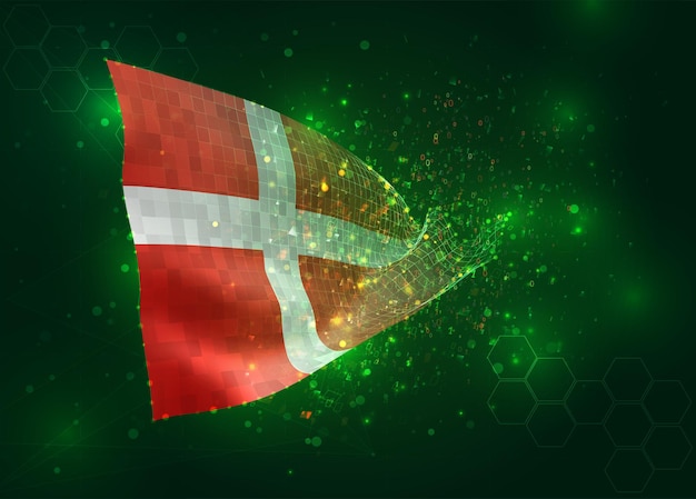 Denemarken op vector 3D-vlag op groene achtergrond met veelhoeken en gegevensnummers