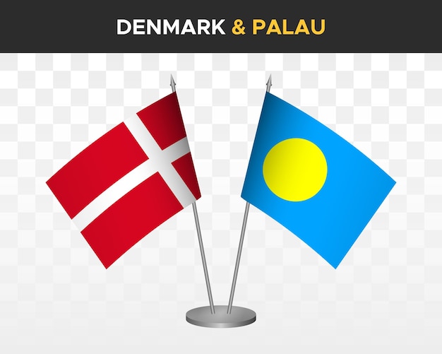 Denemarken vs palau bureau vlaggen mockup geïsoleerde 3d vector illustratie Deense tafel vlag