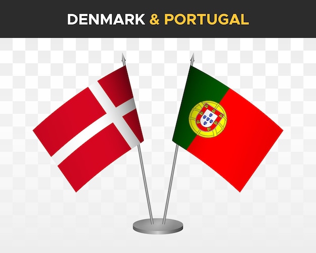 Denemarken vs Portugal Bureau vlaggen mockup geïsoleerde 3d vector illustratie Deense tafel vlag