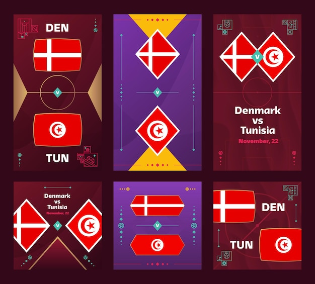 Denemarken vs Tunesië Match World Football 2022 verticale en vierkante bannerset voor sociale media 2022