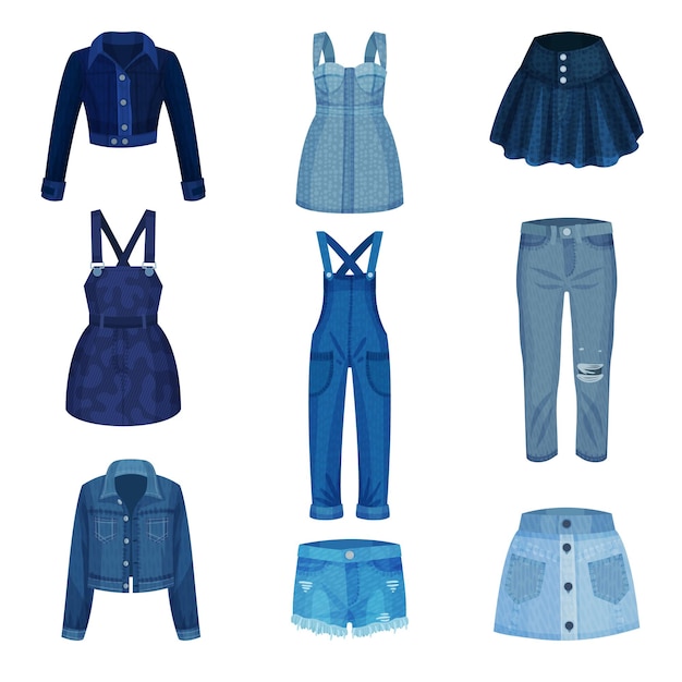 Vettore articoli di abbigliamento denim blu come abbigliamento femminile con giacca denim e jeans set vettoriale