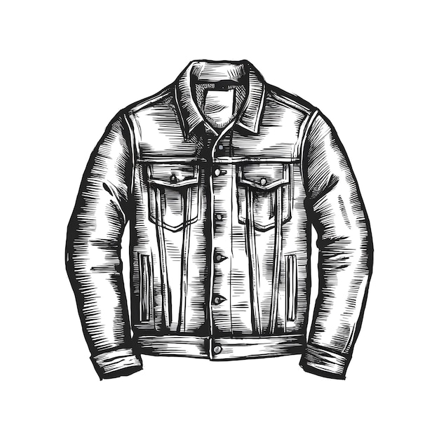 Denim jacket engraved style ink sketch drawing black and white vector illustration