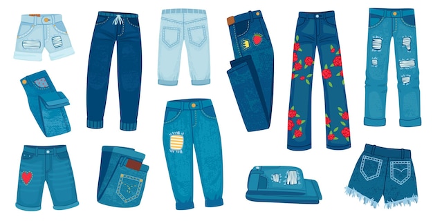 Pantaloni di jeans in denim. jeans femminili alla moda alla moda. pantaloncini e pantaloni strappati a cartone animato con toppe e texture. insieme di vettore di vestiti in stile casual. moda pantaloni di jeans, illustrazione di abbigliamento per pantaloni casual