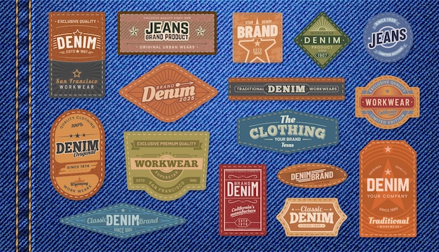 Vector denim jeans leather patches and labels isolated vector set of textured tags displaying brand names providing company identity and a touch of style to the garment emblems in retro style for clothes