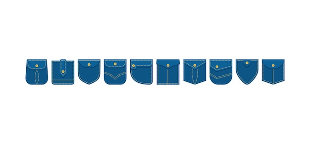 Джинсовый накладной карман вектор синий значок различной формы с пуговицами на рубашке или джинсовой футболке