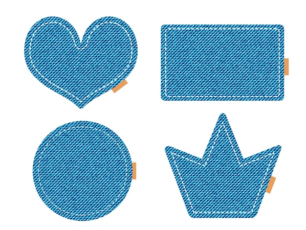 Toppe in denim in diverse forme rettangolo del cerchio della corona del cuore pezzi di jeans blu o distintivi con illustrazione vettoriale a punto bianco su sfondo bianco
