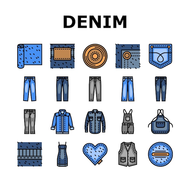 Denim textile material fashion icons set vector