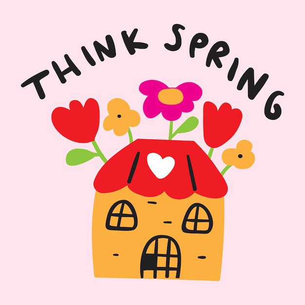 Denk aan de lente Schattig huisje Vector illustratie op roze achtergrond