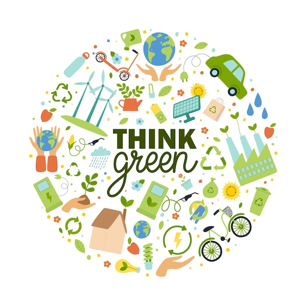 Vector denk aan groene slogan met eco-elementen in cirkelvorm save earth concept platte vectorillustratie