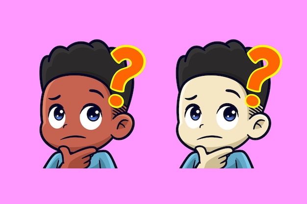 Denk emotes leuke jongen denken over iets serieus geïsoleerd premium vector cartoon illustratie