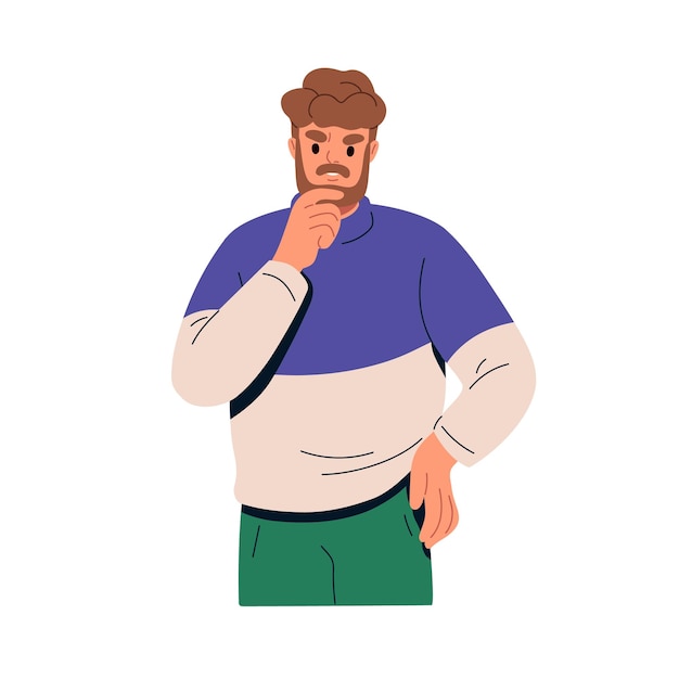 Denker twijfelende man Verward onzekere uitdrukking van denkend persoon in moeilijkheden probleem bezorgd verward karakter Platte vector illustratie geïsoleerd op witte achtergrond