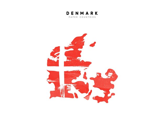 Denmark detailed map with flag of country. Painted in watercolor paint colors in the national flag.