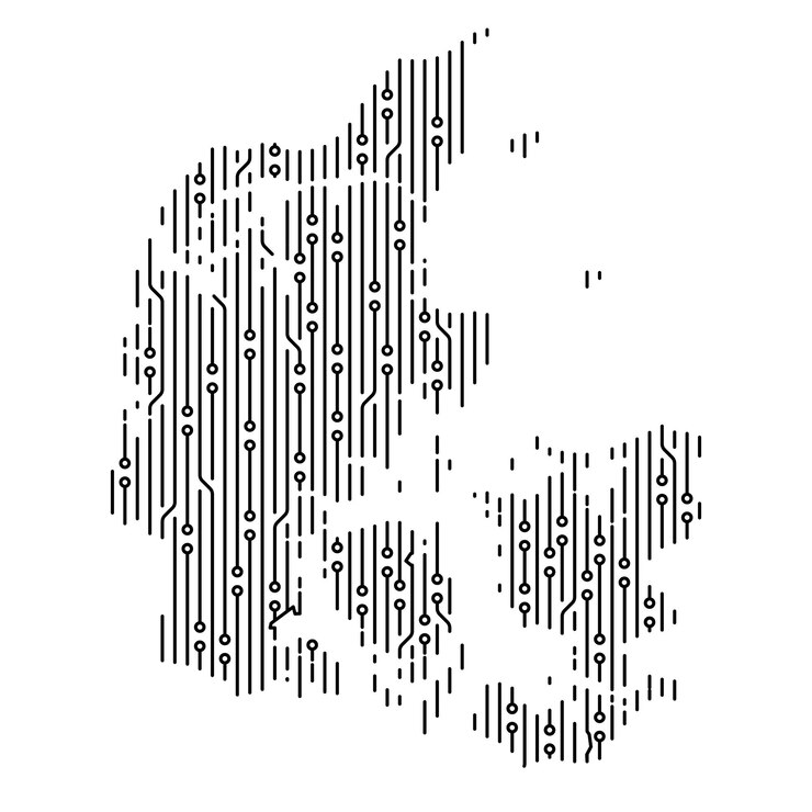 Vector denmark drawn with connecting circuit board lines on white background
