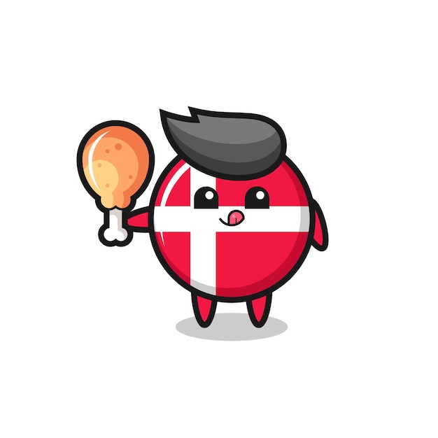 Denmark flag badge cute mascot is eating a fried chicken