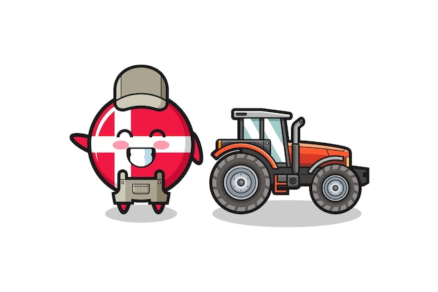 The denmark flag farmer mascot standing beside a tractor cute design