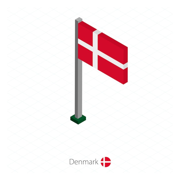 Denmark Flag on Flagpole in Isometric dimension Isometric blue background Vector illustration
