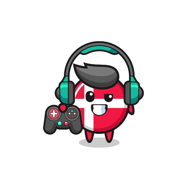 Denmark flag gamer mascot holding a game controller cute design