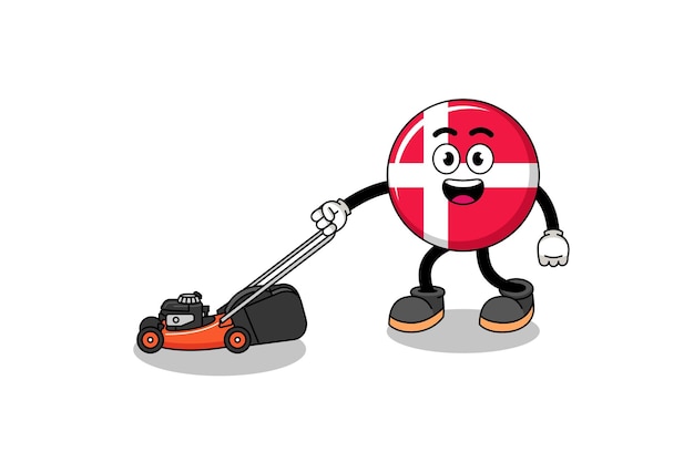 Denmark flag illustration cartoon holding lawn mower