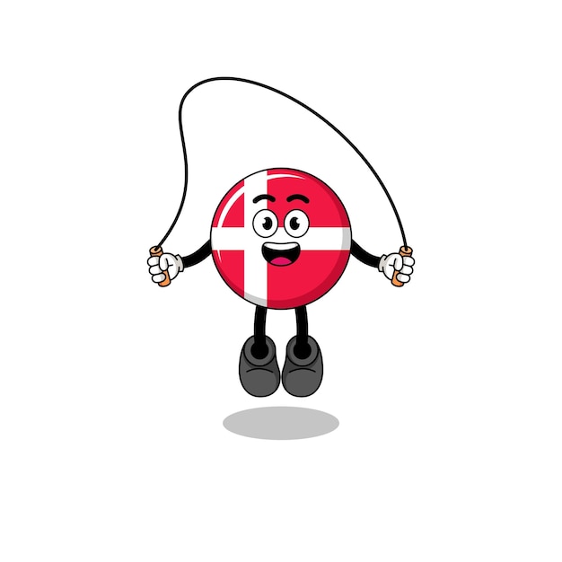 デンマークの旗のマスコット漫画が縄跳びをしている