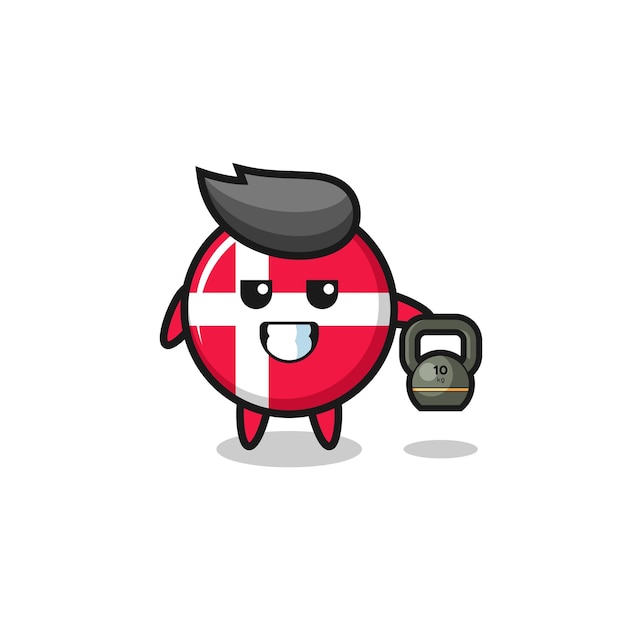 Denmark flag mascot lifting kettlebell in the gym