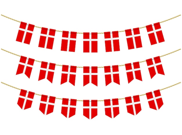 ベクトル 白い背景の上のロープにデンマークの旗。愛国的なホオジロ旗のセット。デンマーク国旗のバンティングデコレーション