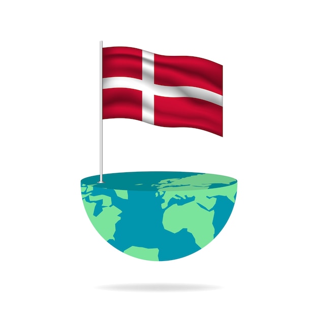 Denmark flag pole on globe. Flag waving around the world. Easy editing and vector in groups.