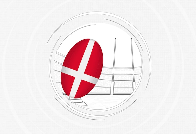 Denmark flag on rugby ball lined circle rugby icon with ball in a crowded stadium