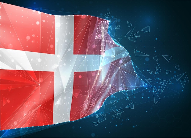 Denmark, flag, virtual abstract 3D object from triangular polygons on a blue background